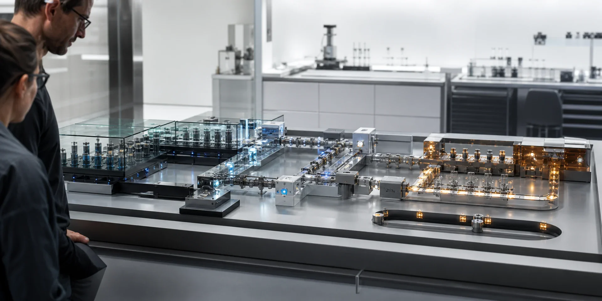 Engineers examining a physical system-boundary model at a precision workbench