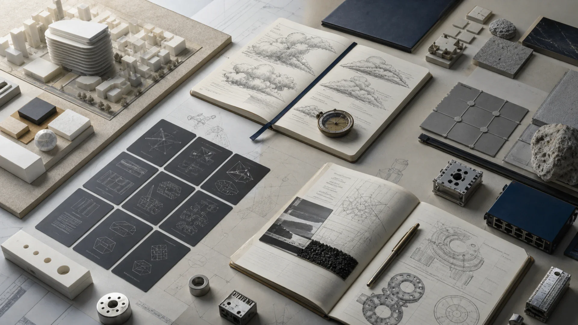 Architecture models, engineering notebooks and decision materials arranged on a technical library table
