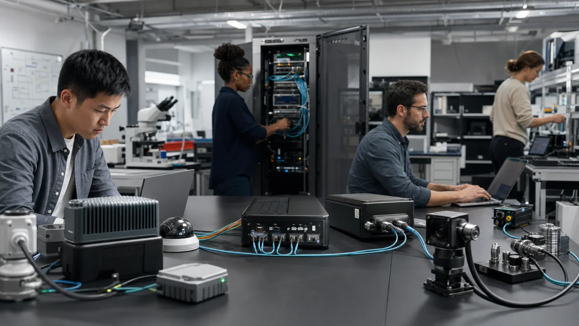 Engineers testing distributed AI across cloud infrastructure and compact edge devices