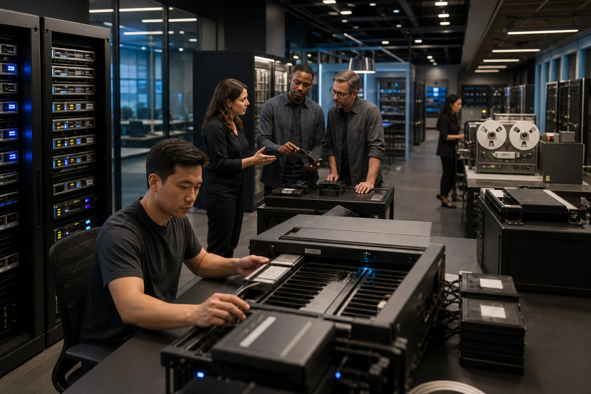 Media engineers coordinating ingest, archive processing and controlled distribution