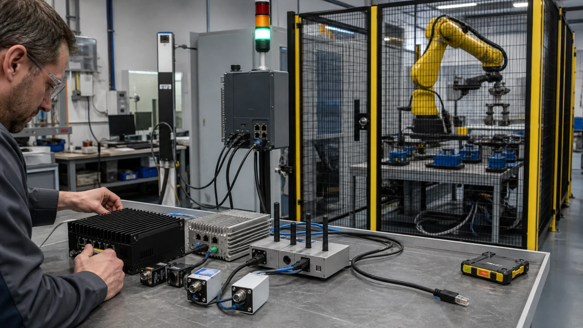 An engineer validating edge compute and sensing beside a protected industrial robot cell