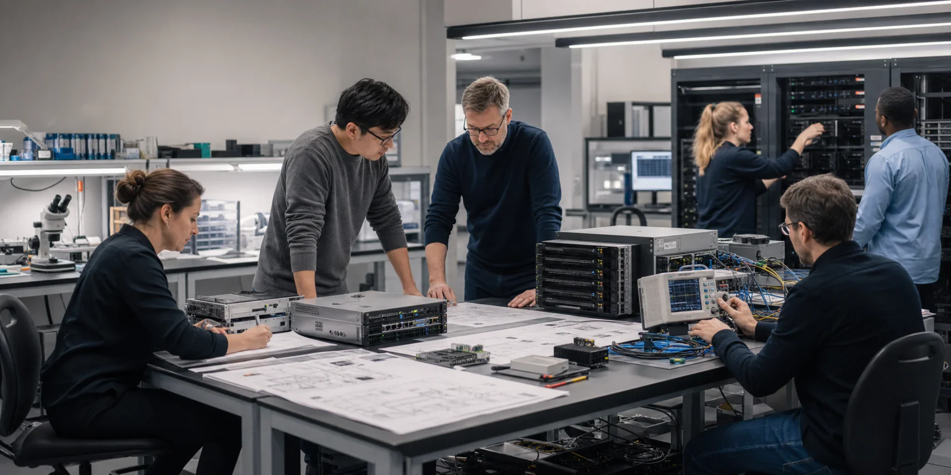 Systems engineers tracing software, infrastructure and operational dependencies around a shared technical workbench