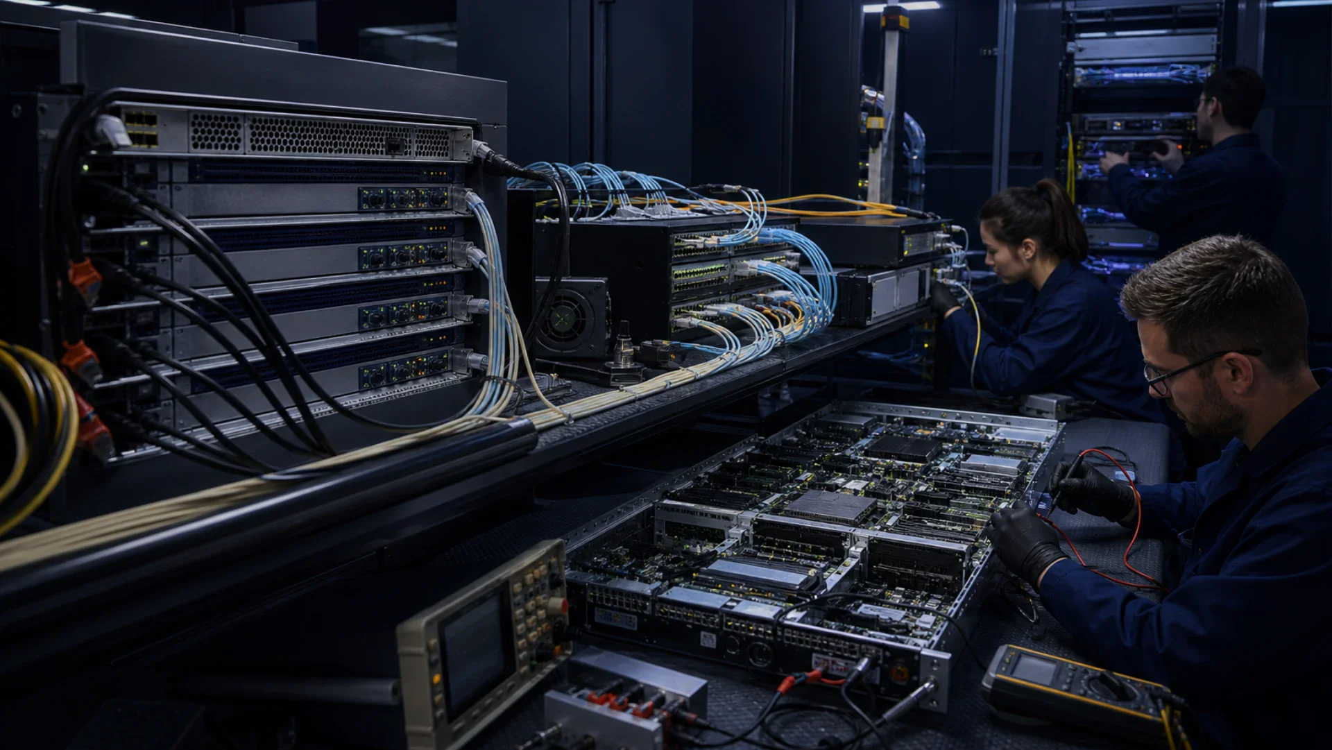 Engineers validating the complete data path through high-performance compute and network infrastructure