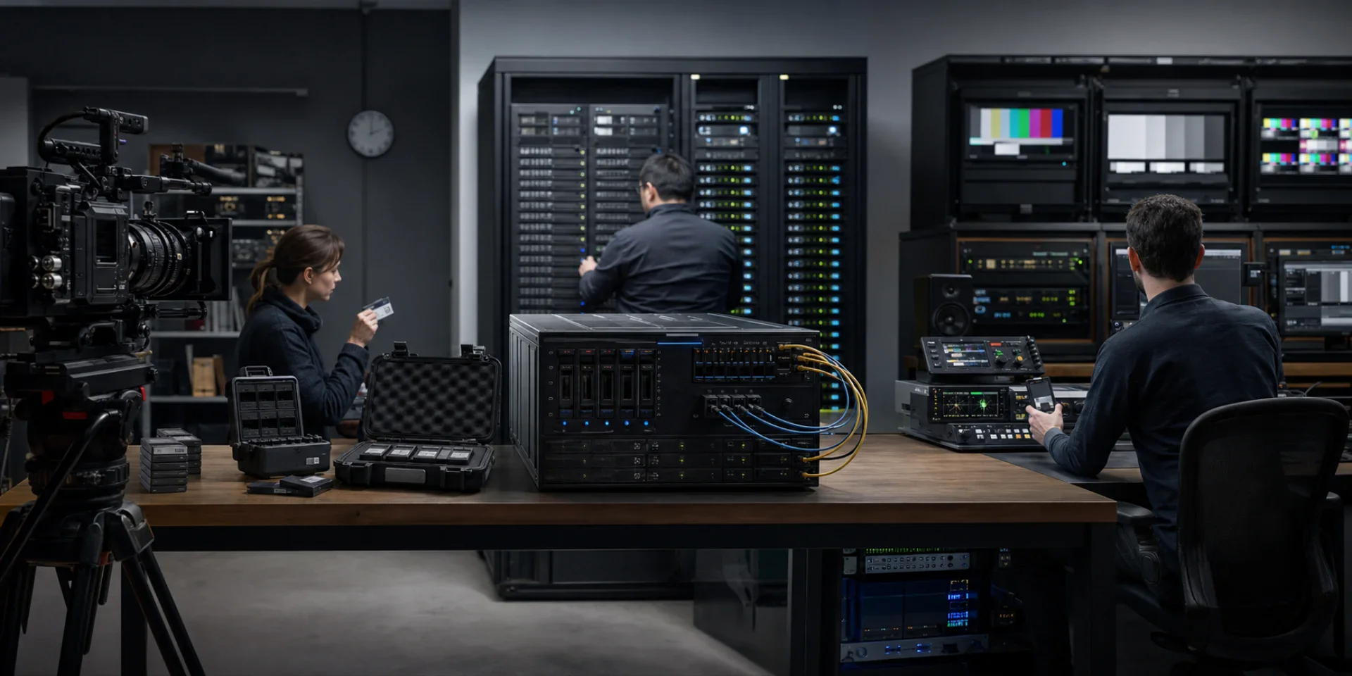 Media engineers tracing acquisition, storage, processing and distribution across a production environment