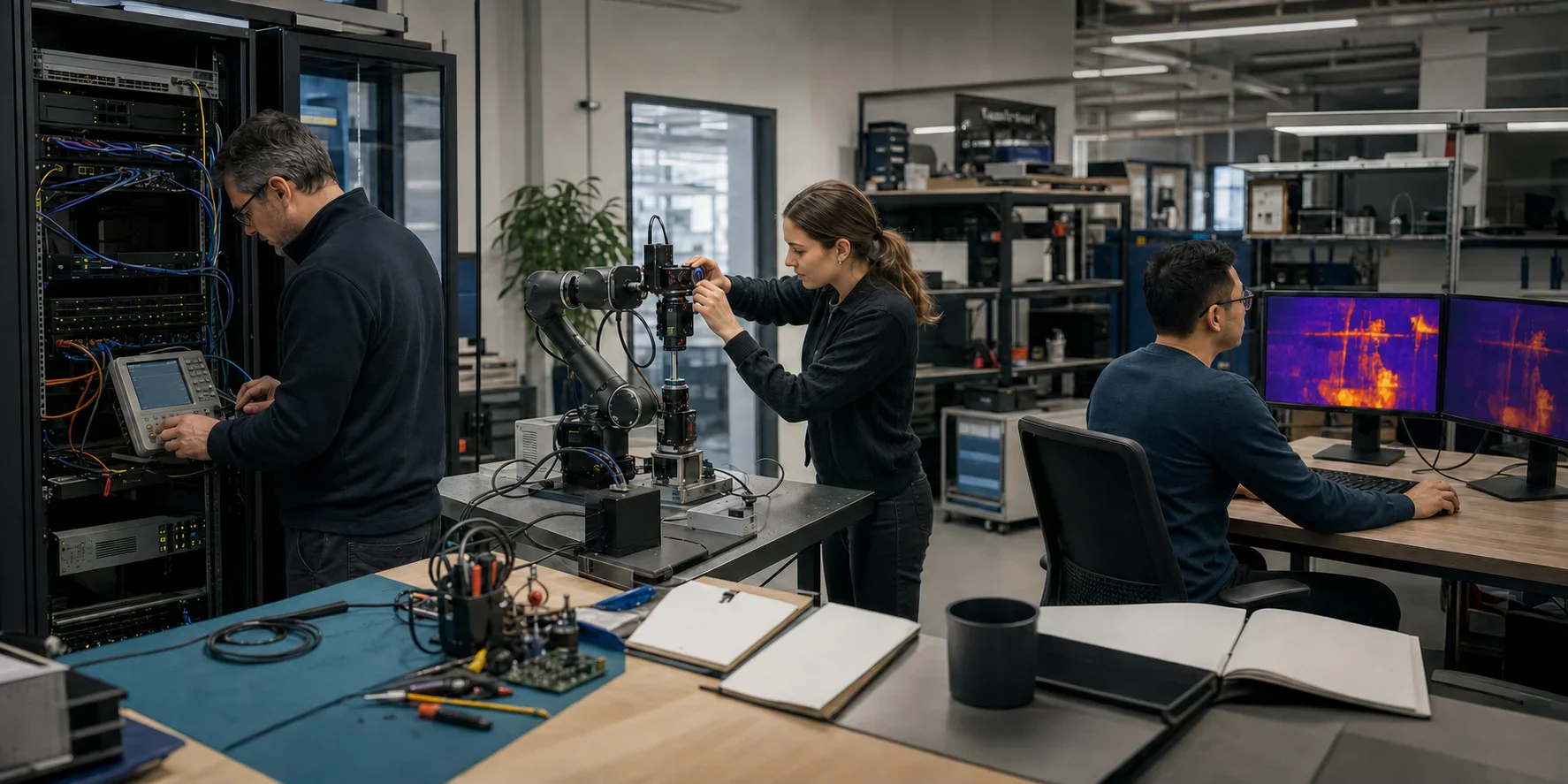 Engineers working across high-performance infrastructure, robotics, edge hardware and intelligent-system analysis in one technical lab
