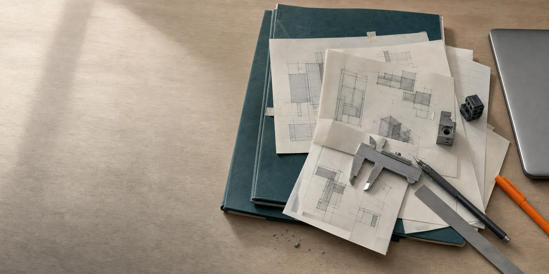 Architecture dossiers, engineering notes and technical review material on a working table
