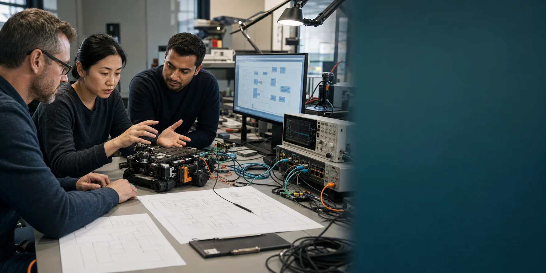 Engineers reviewing edge hardware, network paths and system architecture in a technical lab