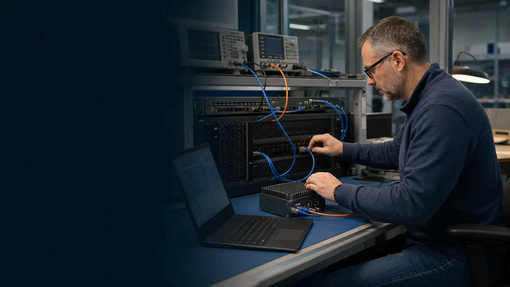 An engineer validating high-performance compute, networking and edge hardware in a technical lab