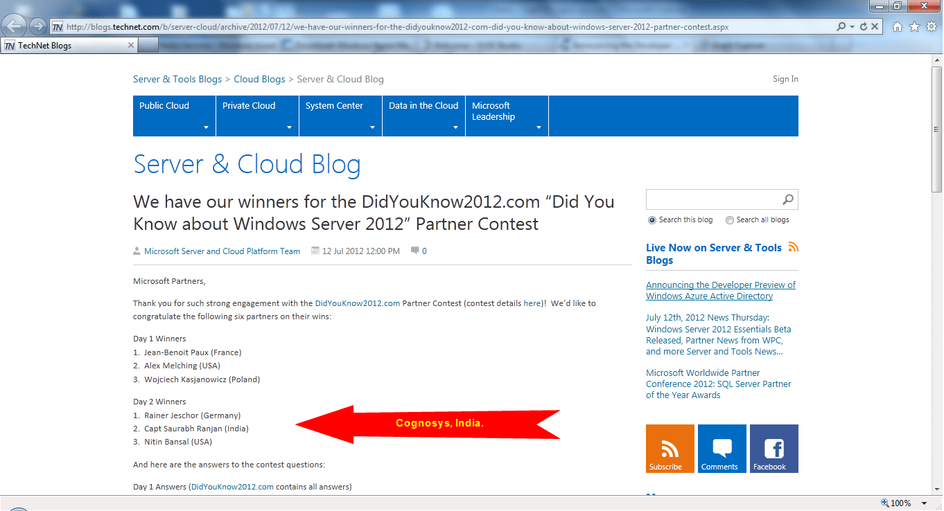 Cognosys wins wpc windows server 2012 partner contest
